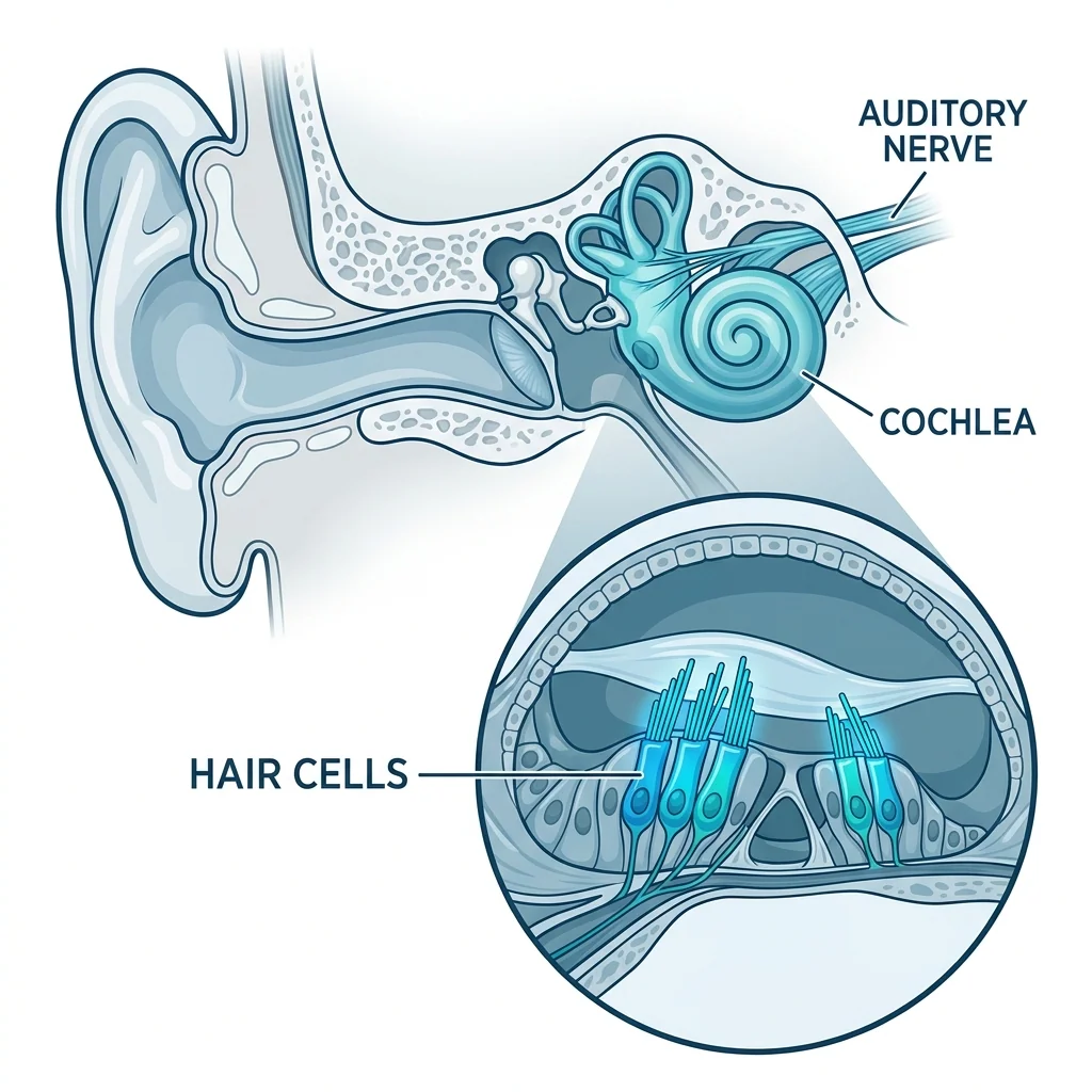 Diagram of the inner ear showing the cochlea and hair cells